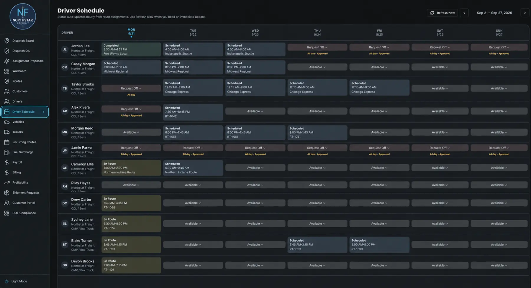 Customizable dispatching software driver schedule with fictional demonstration data