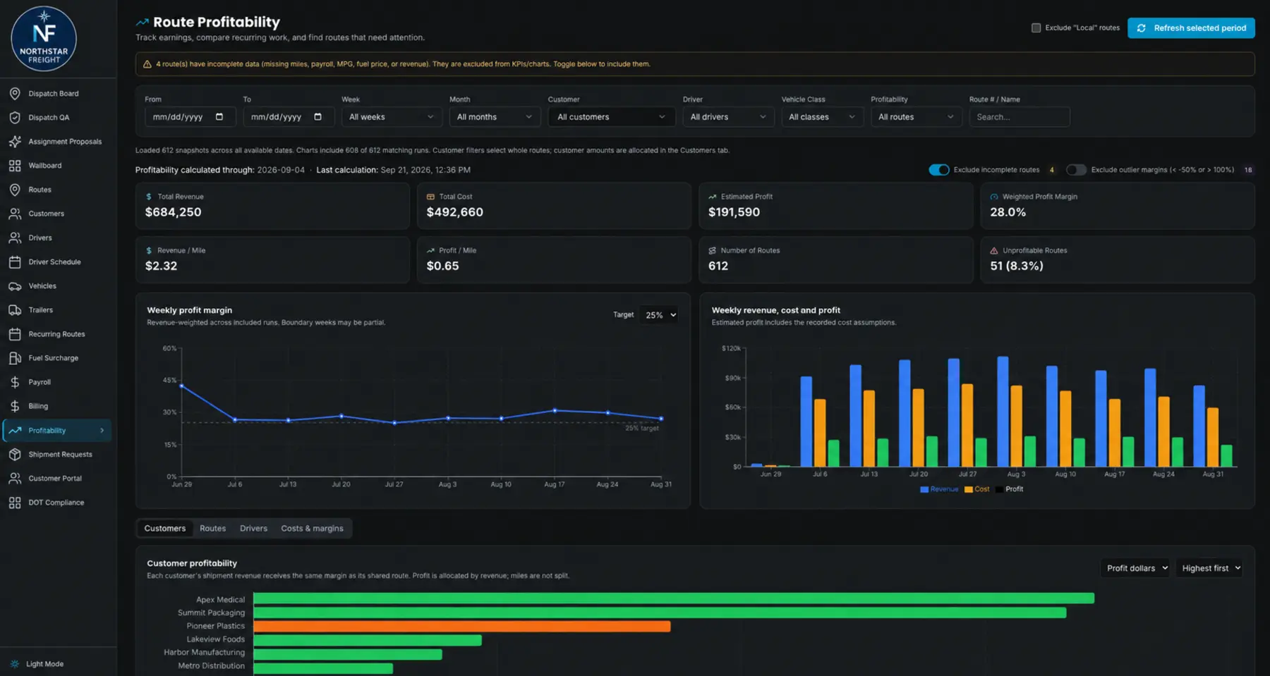 Customizable TMS route profitability dashboard with fictional demonstration data