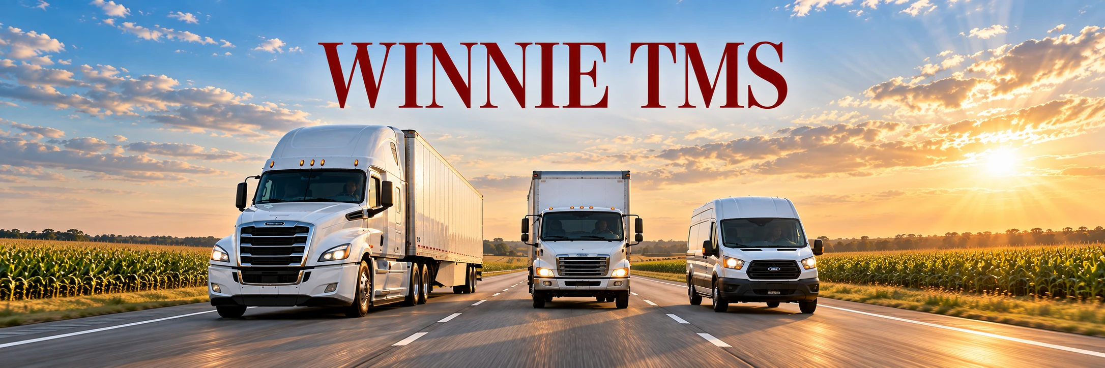 WINNIE TMS — a semi, box truck, and Transit van driving through cornfields in golden afternoon light